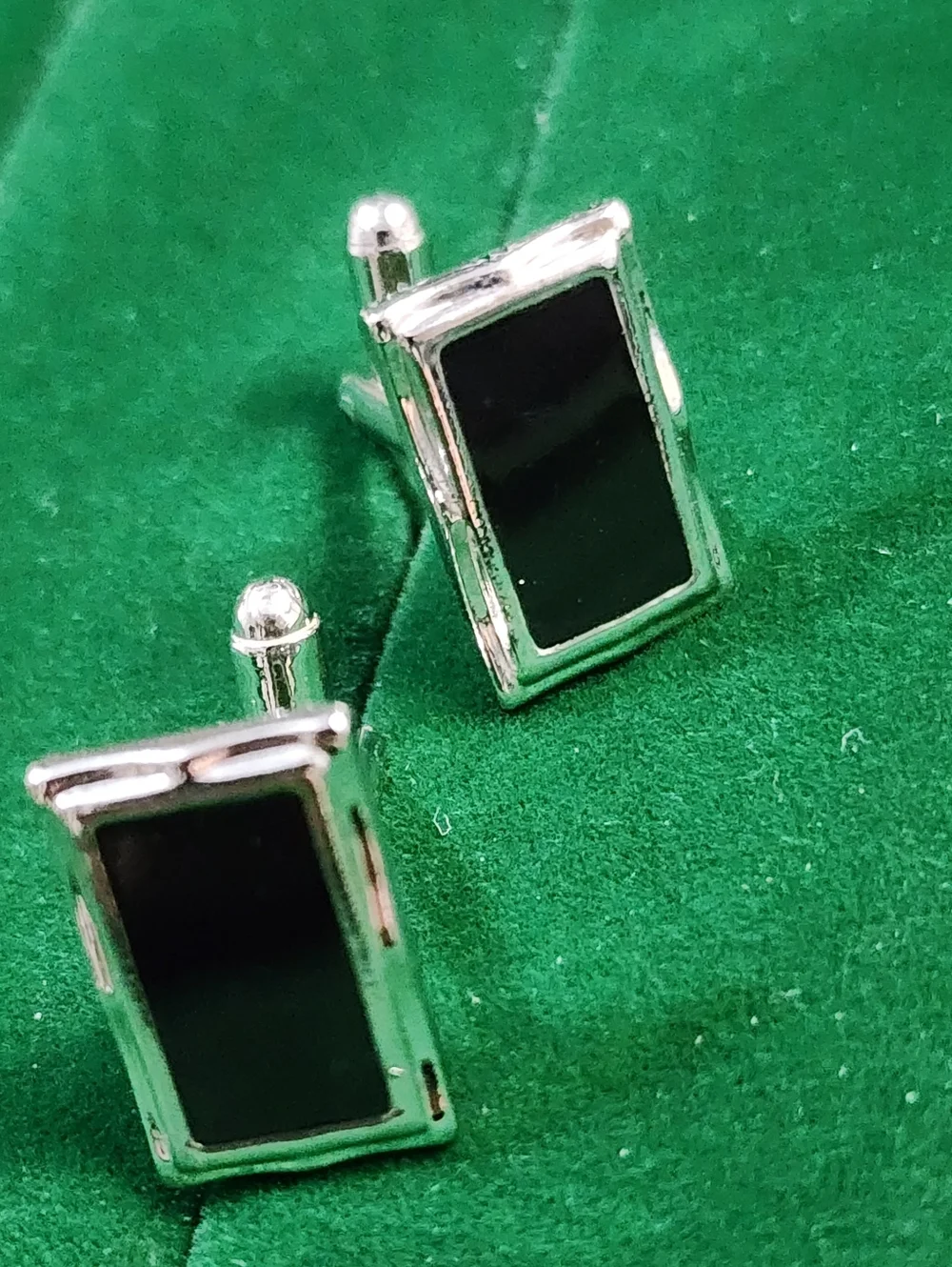 Vintage Silver & Black Rectangular Cufflinks - Classic Men's Accessory